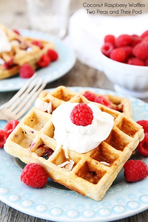 Coconut Raspberry Waffles with Coconut Whipped Cream Recipe on twopeasandtheirpod.com These waffles are amazing! Coconut Raspberry Waffles with Coconut Whipped Cream Recipe on twopeasandtheirpod.com These waffles are amazing!
