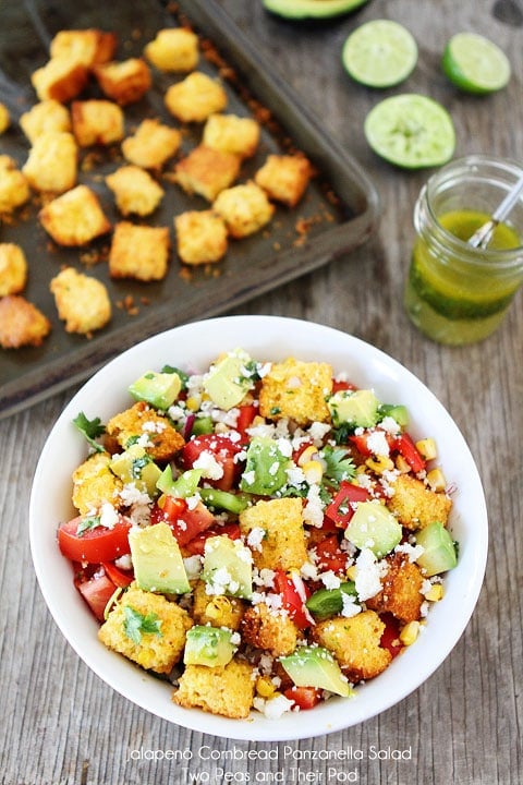 Jalapeño Cornbread Panzanella Salad Recipe on twopeasandtheirpod.com A twist on traditional panzanella salad! Jalapeño Cornbread Panzanella Salad Recipe on twopeasandtheirpod.com A twist on traditional panzanella salad!