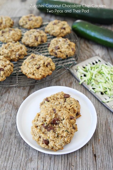 Zucchini Coconut Chocolate Chip Cookie Recipe are the perfect cookies for using up garden zucchini. You will LOVE these healthy cookies! #zucchini #zucchinicookies #cookies #recipe #dessert #vegetarian #baking #chocolatechip Oatmeal Zucchini cookies with coconut and chocolate chips