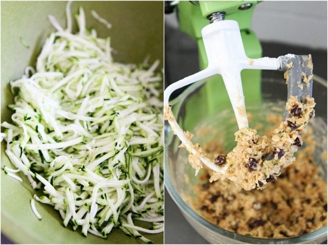 Zucchini Coconut Chocolate Chip Cookie Recipe are the perfect cookies for using up garden zucchini. You will LOVE these healthy cookies! #zucchini #zucchinicookies #cookies #recipe #dessert #vegetarian #baking #chocolatechip zucchini cookie dough in mixer bowl