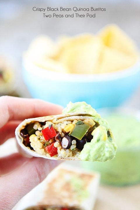 Easy Crispy Black Bean Quinoa Burritos with Avocado Dipping Sauce on twopeasandtheirpod.com #recipe Easy Crispy Black Bean Quinoa Burritos with Avocado Dipping Sauce on twopeasandtheirpod.com #recipe