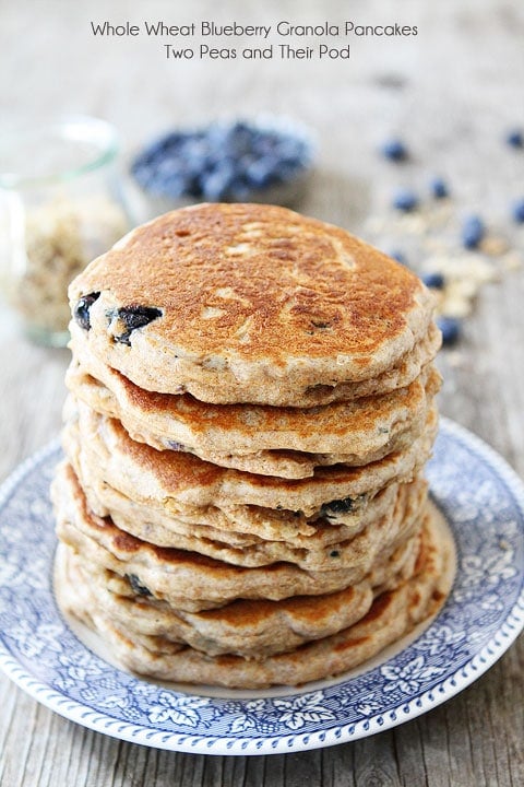 Recipe for Whole Wheat Blueberry Granola Pancakes on twopeasandtheirpod.com I want a big stack of these pancakes! Recipe for Whole Wheat Blueberry Granola Pancakes on twopeasandtheirpod.com I want a big stack of these pancakes!