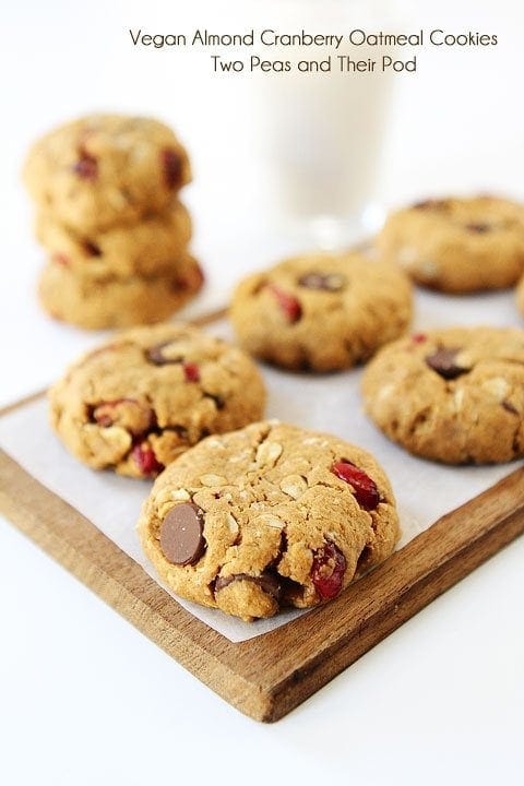 Recipe for Healthy Almond Cranberry Oatmeal Cookies on twopeasandtheirpod.com We LOVE these vegan cookies! Recipe for Healthy Almond Cranberry Oatmeal Cookies on twopeasandtheirpod.com We LOVE these vegan cookies!