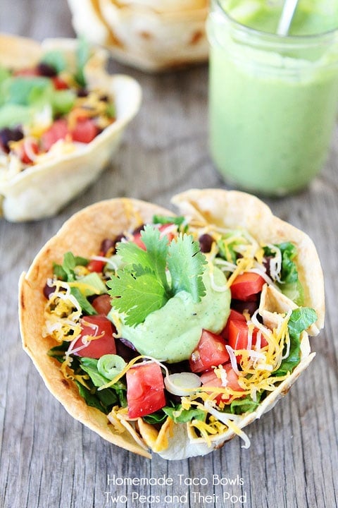 Homemade Tortilla Bowls Recipe on twopeasandtheirpod.com Tortilla bowls are easy to make and fun to eat! Taco Salad Recipe