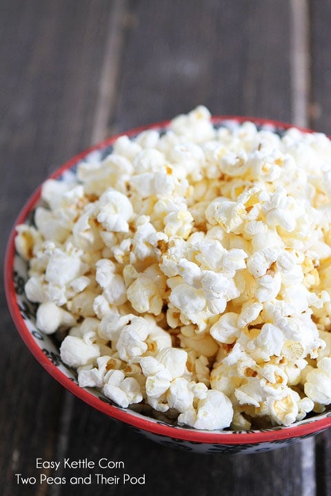 Easy Kettle Corn Recipe on twopeasandtheirpod.com Love this healthy snack! Learn how to make Kettle Corn with perfectly popped kernels