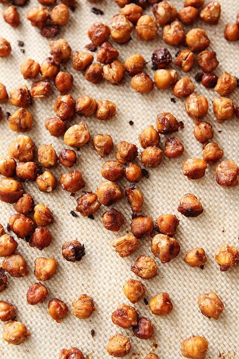 Maple Roasted Chickpea Recipe on twopeasandtheirpod.com Maple Roasted Chickpeas.
