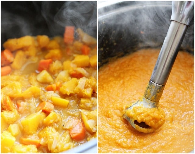Crockpot Butternut Squash Soup Recipe on twopeasandtheirpod.com Crockpot Butternut Squash Soup Cooking in Slow Cooker and Blended.