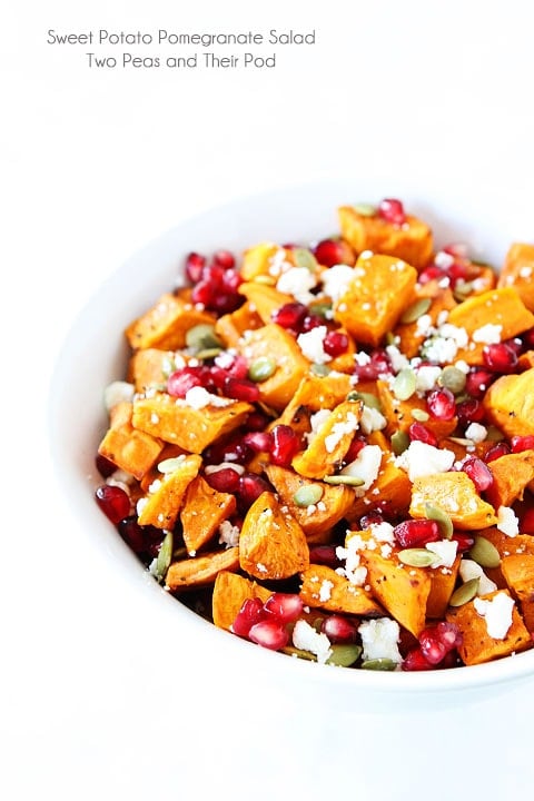 Sweet Potato Pomegranate Salad Recipe on twopeasandtheripod.com. This healthy salad is the perfect holiday side dish! Sweet Potato Pomegranate Salad Recipe on twopeasandtheripod.com. This healthy salad is the perfect holiday side dish!