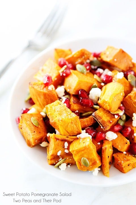 Sweet Potato Pomegranate Salad Recipe on twopeasandtheripod.com. This healthy salad is perfect for any holiday meal! Sweet Potato Pomegranate Salad Recipe on twopeasandtheripod.com. This healthy salad is perfect for any holiday meal!
