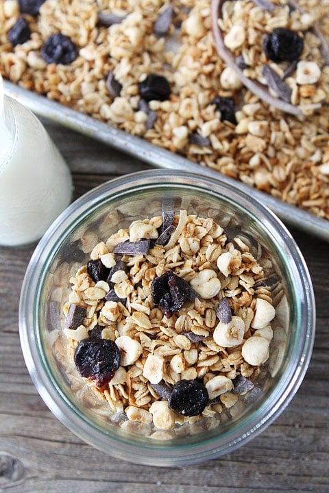 Hazelnut Granola with Dried Cherries and Dark Chocolate Chunks Recipe Hazelnut Granola with Dried Cherries and Dark Chocolate Chunks Recipe on twopeasandtheirpod.com