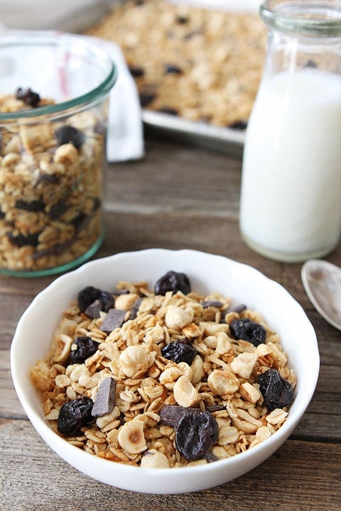 Hazelnut Granola with Dried Cherries and Dark Chocolate Hazelnut Granola with Dried Cherries and Dark Chocolate Recipe on twopeasandtheirpod.com Love this simple and sweet granola!