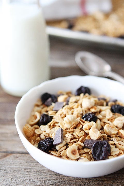 Homemade Hazelnut Granola with Dried Cherries and Dark Chocolate Recipe Hazelnut Granola with Dried Cherries and Dark Chocolate Recipe on twopeasandtheirpod.com LOVE this homemade granola recipe!