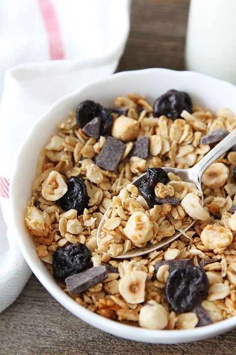 Hazelnut Granola with Dried Cherries and Dark Chocolate Recipe Hazelnut Granola with Dried Cherries and Dark Chocolate Recipe on twopeasandtheirpod.com