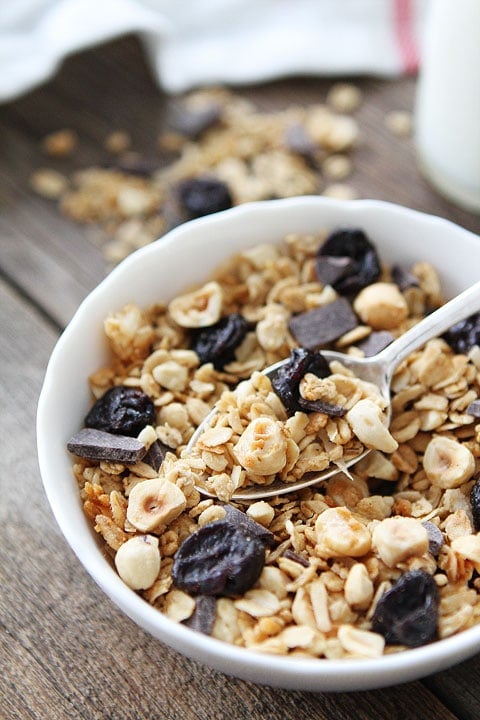 Hazelnut Granola with Dried Cherries and Dark Chocolate Recipe | Two Peas and Their Pod Hazelnut Granola with Dried Cherries and Dark Chocolate Recipe on twopeasandtheirpod.com