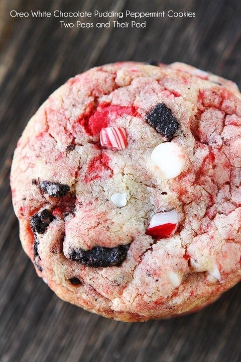 Oreo White Chocolate Pudding Peppermint Cookies Recipe on twopeasandtheirpod.com The BEST holiday cookies! Oreo White Chocolate Pudding Peppermint Cookies