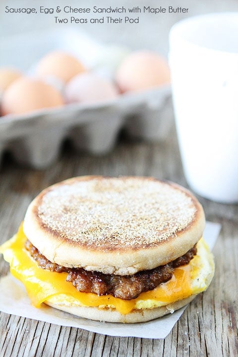 Sausage, Egg, and Cheese Breakfast Sandwich with Maple Butter | Recipe on twopeasandtheirpod.com Sausage, Egg, and Cheese Breakfast Sandwich with Maple Butter | Recipe on twopeasandtheirpod.com