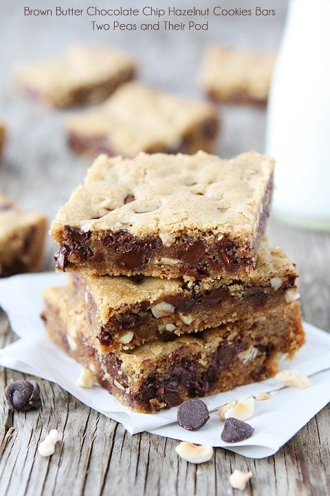 Brown Butter Chocolate Chip Hazelnut Cookie Bars Brown Butter Chocolate Chip Hazelnut Cookie Bar Recipe on twopeasandtheirpod.com These bars are AMAZING!