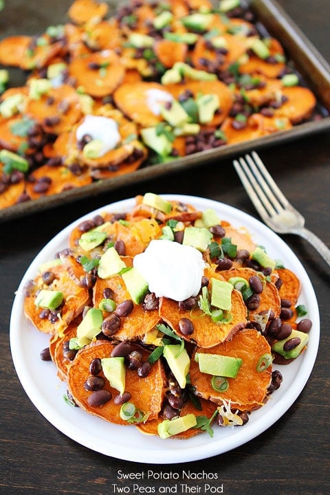 Loaded Sweet Potato Nachos Recipe on twopeasandtheirpod.com My favorite nachos! They are great for game day or any day! Loaded Sweet Potato Nachos Recipe