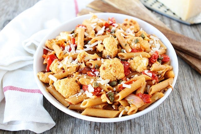 Whole Wheat Penne with Roasted Cauliflower and Lemon Vinaigrette Recipe Whole Wheat Pasta with Roasted Cauliflower and Lemon Vinaigrette Recipe on twopeasandtheirpod.com LOVE this pasta dish!