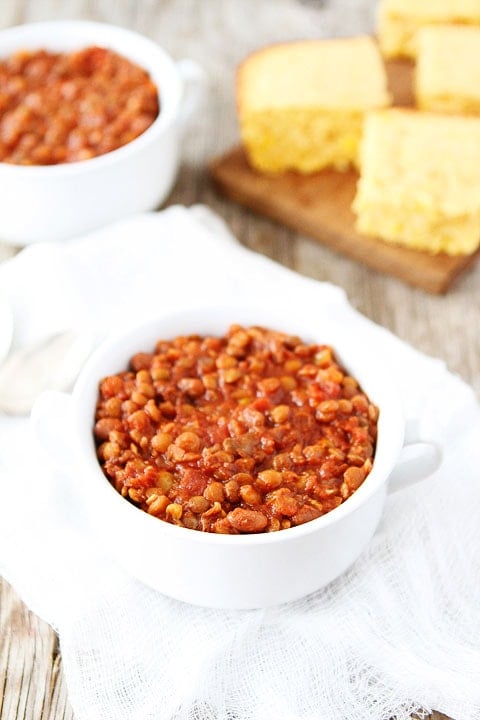 Crockpot Lentil Chili Recipe on twopeasandtheirpod.com Slow Cooker Lentil Chili Recipe on twopeasandtheirpod.com Warm up with a bowl of healthy chili!