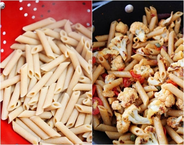 Whole Wheat Pasta Recipe Penne with Roasted Cauliflower and Lemon Vinaigrette Recipe on twopeasandtheirpod.com #recipe