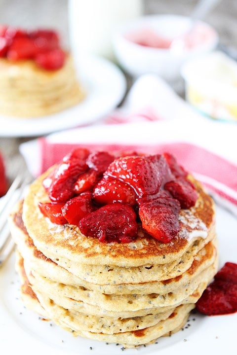 Lemon Chia Seed Pancakes with Roasted Strawberries Recipe Lemon Chia Seed Pancakes with Roasted Strawberries Recipe on twopeasandtheirpod.com I want a BIG stack!