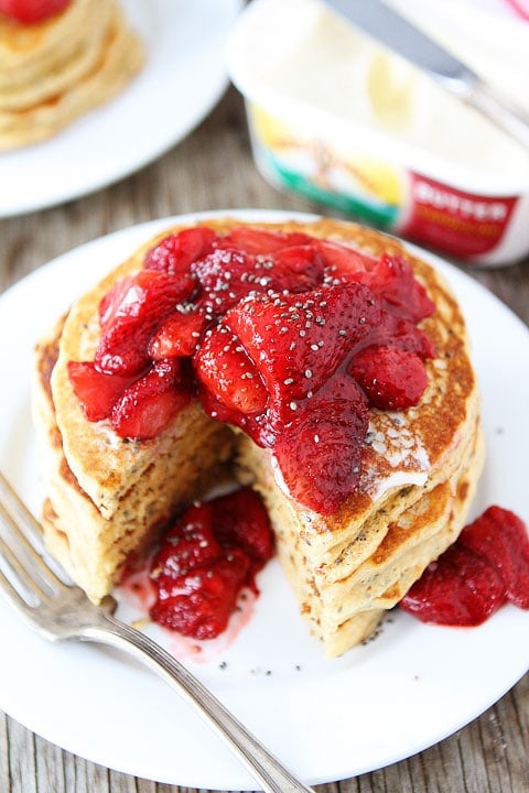 Lemon Chia Seed Pancakes with Roasted Strawberries Recipe Lemon Chia Seed Pancakes with Roasted Strawberries Recipe on twopeasandtheirpod.com Love these healthy pancakes!