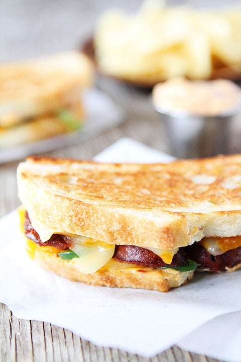 Chorizo Grilled Cheese with Chipotle Mayo Recipe Chorizo Grilled Cheese with Chipotle Mayo Recipe on twopeasandtheirpod.com This sandwich is great for lunch or dinner!