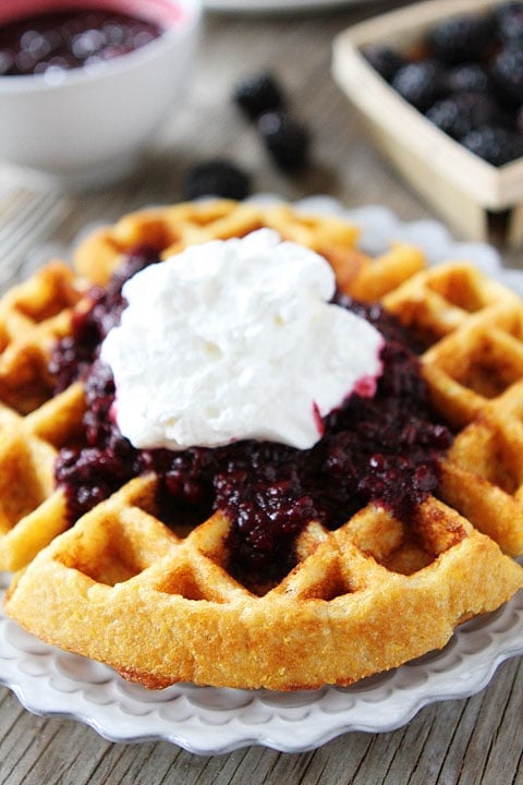 Cornmeal Waffles with Blackberry Compote Recipe Cornmeal Waffles with Blackberry Compote Recipe on twopeasandtheirpod.com. These waffles are AMAZING!