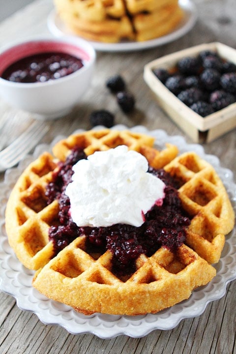 Cornmeal Waffles with Blackberry Compote Recipe on twopeasandtheirpod.com. Cornmeal Waffles with Blackberry Compote Recipe on twopeasandtheirpod.com. A MUST make!