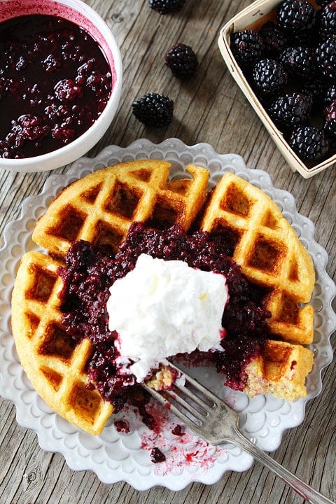 Cornmeal Waffle Recipe Cornmeal Waffles with Blackberry Compote Recipe on twopeasandtheirpod.com. #recipe #breakfast