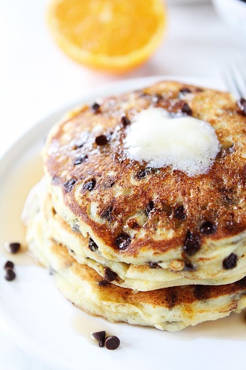 Chocolate Chip Pancake Recipe Orange Ricotta Chocolate Chip Pancake Recipe on twopeasandtheirpod.com A family favorite!