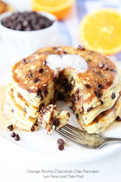 Orange Ricotta Chocolate Chip Pancake Recipe Orange Ricotta Chocolate Chip Pancake Recipe on twopeasandtheirpod.com The perfect pancakes!