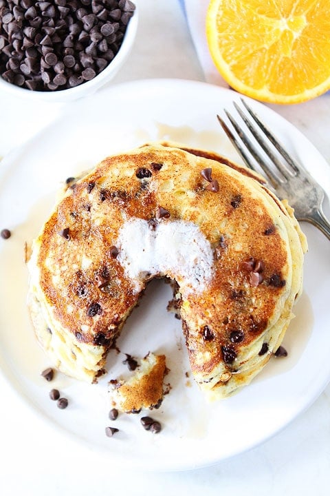Orange Ricotta Chocolate Chip Pancake Recipe Orange Ricotta Chocolate Chip Pancake Recipe on twopeasandtheirpod.com The BEST pancakes!
