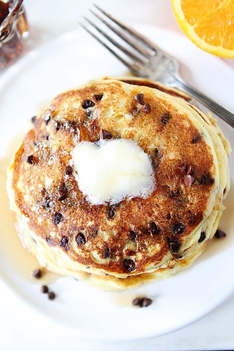Ricotta Pancake Recipe Orange Ricotta Chocolate Chip Pancake Recipe on twopeasandtheirpod.com