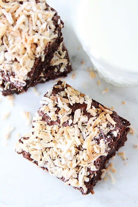 Coconut Brownie Recipe Coconut Brownie Recipe on twopeasandtheirpod.com. Love the chocolate and coconut combo! These fudgy brownies are divine!