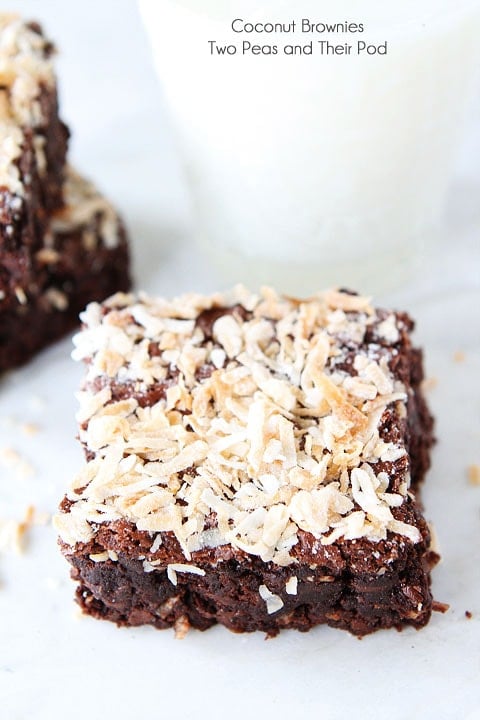 Coconut Brownie Recipe Coconut Brownie Recipe on twopeasandtheirpod.com. Love the chocolate and coconut combo! These fudgy brownies are divine! #brownies #coconut