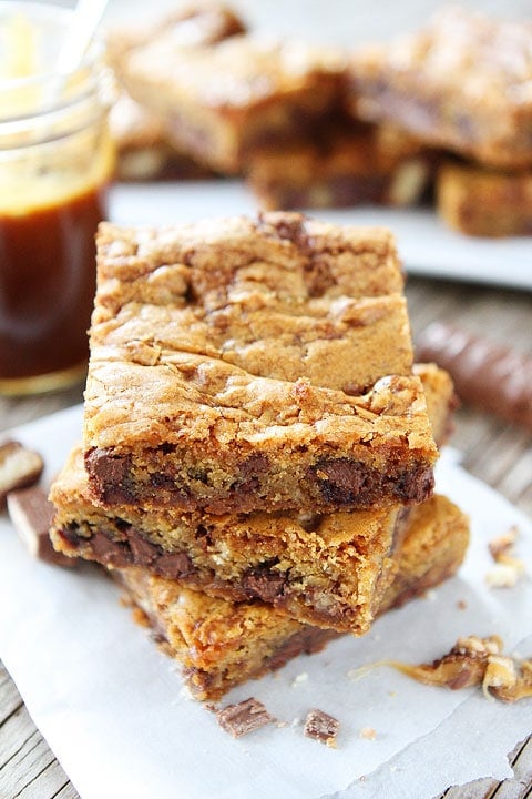 Twix Caramel Cookie Bars Recipe Twix Caramel Cookie Bars Recipe on twopeasandtheirpod.com. Chocolate chip cookie bars with Twix candy bars and caramel! AMAZING!