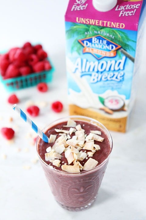 Raspberry Coconut Smoothie Recipe on twopeasandtheirpod.com Raspberry Coconut Smoothie Recipe