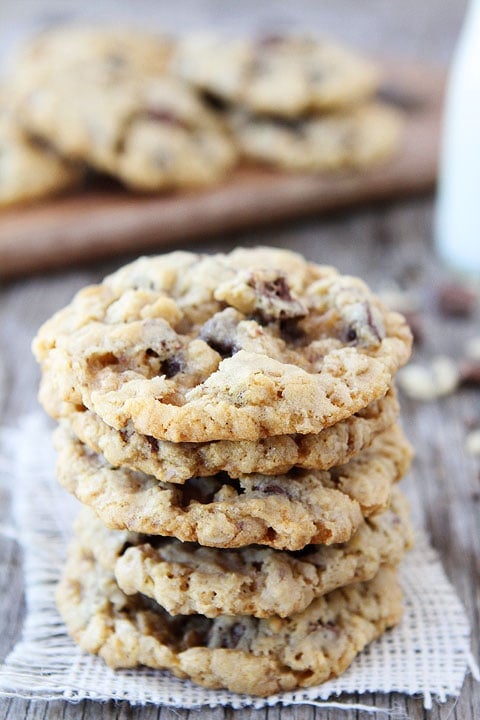 Crispy Chocolate Chip Crunch Oatmeal Cookies Recipe on twopeasandtheirpod.com These cookies are crispy, chunky, and loaded with chocolate! Crispy Chocolate Chip Crunch Oatmeal Cookies Recipe on twopeasandtheirpod.com