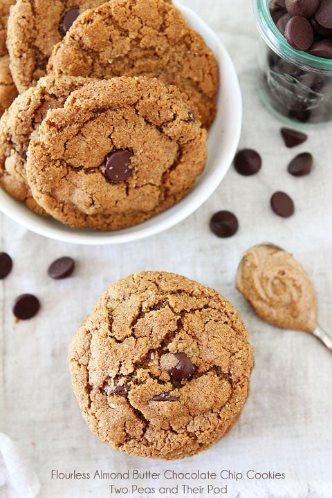 Flourless Almond Butter Chocolate Chip Cookies Recipe on twopeasandtheirpod.com These cookies are gluten-free, easy to make, and always a hit! Flourless Almond Butter Chocolate Chip Cookies Recipe on twopeasandtheirpod.com