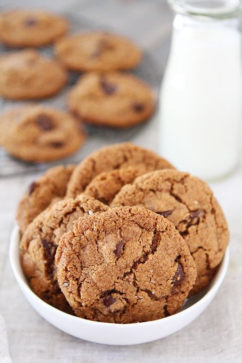 Gluten Free Almond Butter Chocolate Chip Cookies Recipe on twopeasandtheirpod.com These flourless cookies are easy to make and SO good! Flourless Almond Butter Chocolate Chip Cookies Recipe