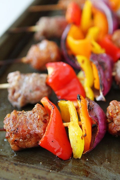Sausage and Pepper Skewers Recipe on twopeasandtheirpod.com. This quick and easy grilling recipe is perfect for summer! #grilling #glutenfree Sausage and Pepper Skewers Recipe
