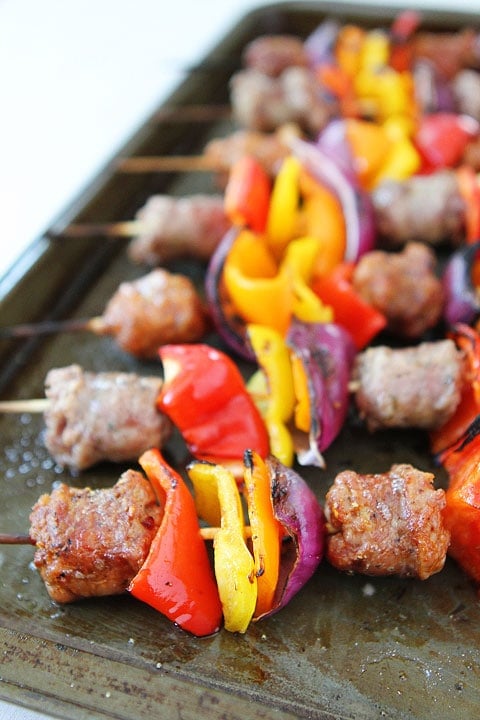 Sausage and Pepper Skewers Recipe on twopeasandtheirpod.com. This quick and easy grilling recipe is perfect for weeknights or entertaining! Sausage and Pepper Skewers Recipe on twopeasandtheirpod.com