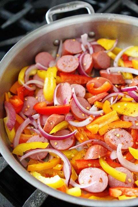 Spicy Sausage and Pepper Pasta Recipe Spicy Sausage and Pepper Pasta Recipe on twopeasandtheirpod.com You can have this colorful pasta dish on your table in 30 minutes!
