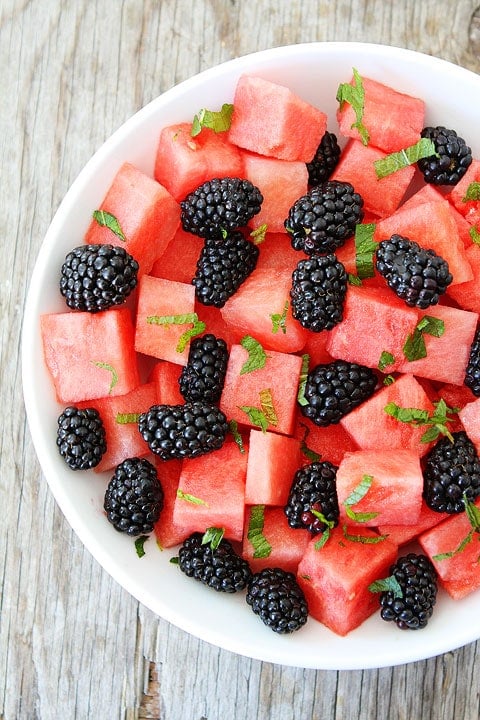 Watermelon, Blackberry, and Mint Salad Recipe Fresh watermelon salad in serving bowl