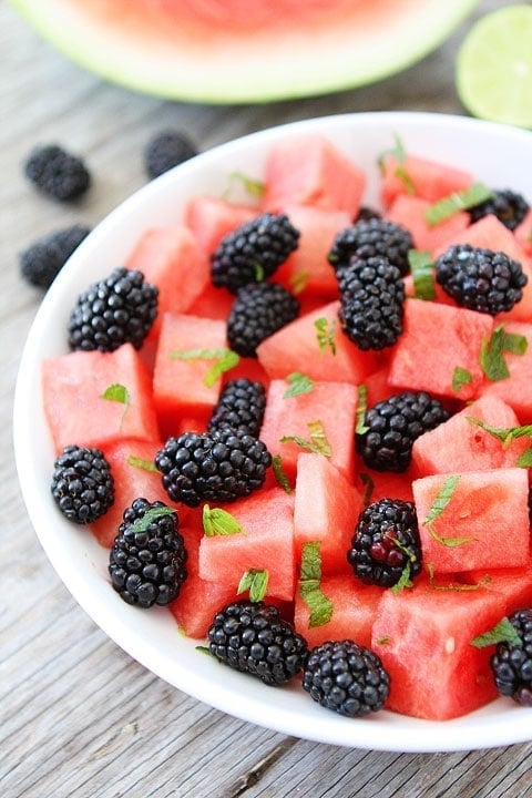 Watermelon, Blackberry, and Mint Salad Recipe watermelon fruit salad garnished with mint