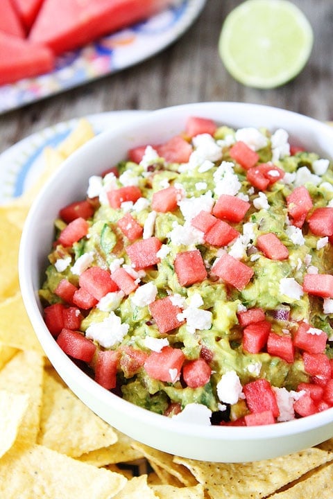 Watermelon Feta Guacamole Recipe Watermelon Feta Guacamole Recipe on twopeasandtheirpod.com. LOVE this guacamole! #watermelon #summer
