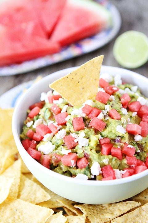 Watermelon Feta Guacamole Recipe Watermelon Feta Guacamole Recipe on twopeasandtheirpod.com. LOVE this guacamole! #glutenfree #summer