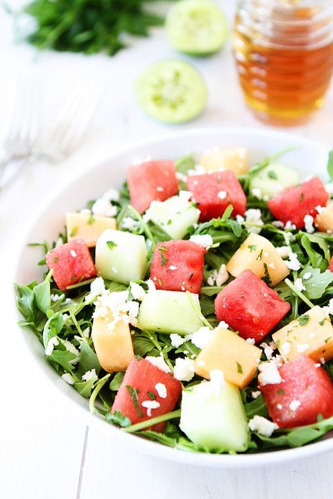 Melon Arugula Salad with Honey Lime Dressing Recipe Melon Arugula Salad with Honey Lime Dressing Recipe on twopeasandtheirpod.com Love this refreshing summer salad! #salad #glutenfree
